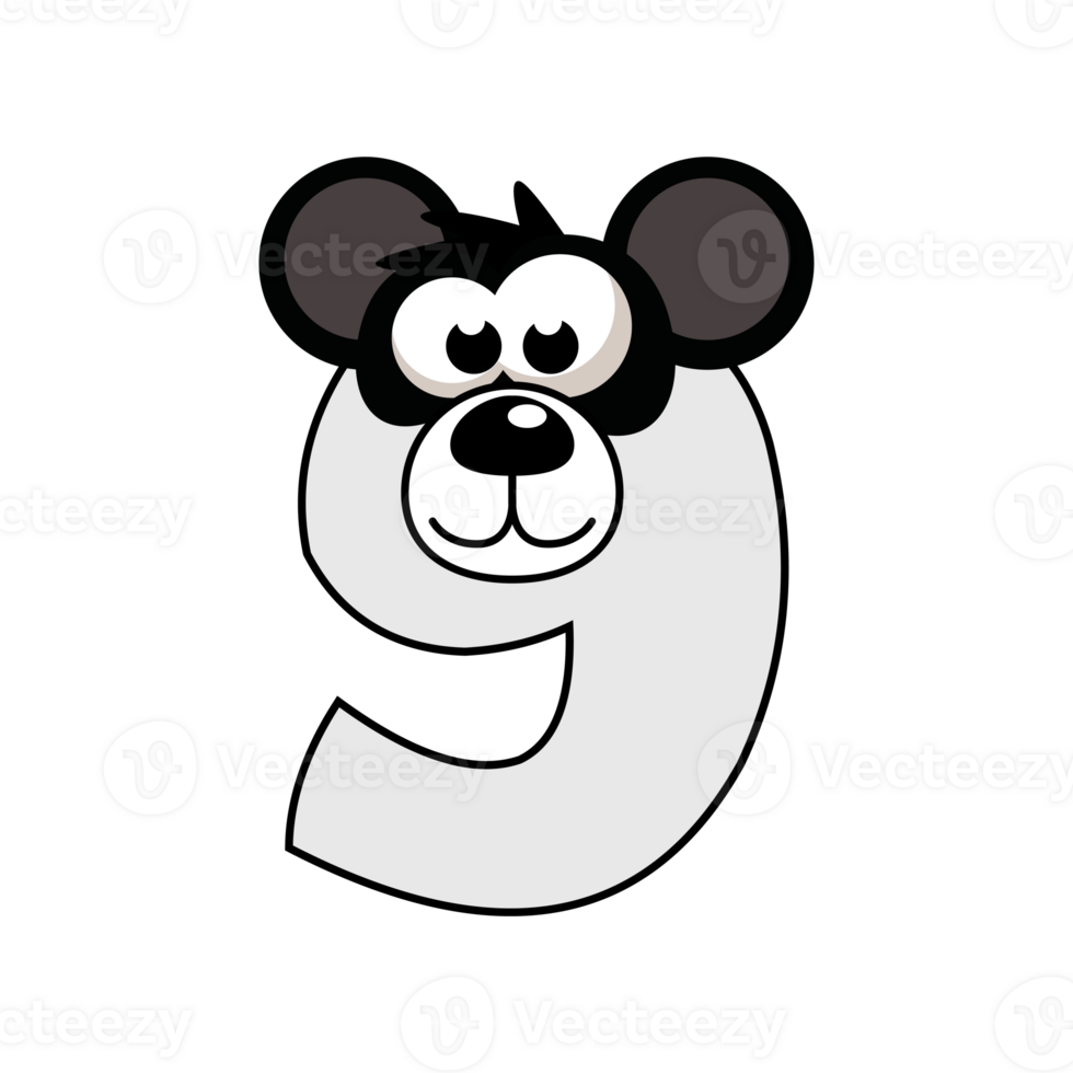 Cartoon Panda number 9, figure Nine. Cartoon of number with a animal concept. Calligraphy, lettering, typography for your Education cards or game png