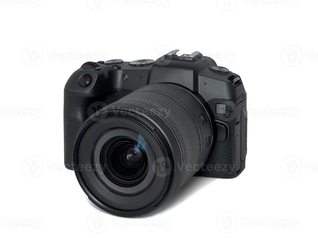 Photo camera body with zoom lens isolated on white background