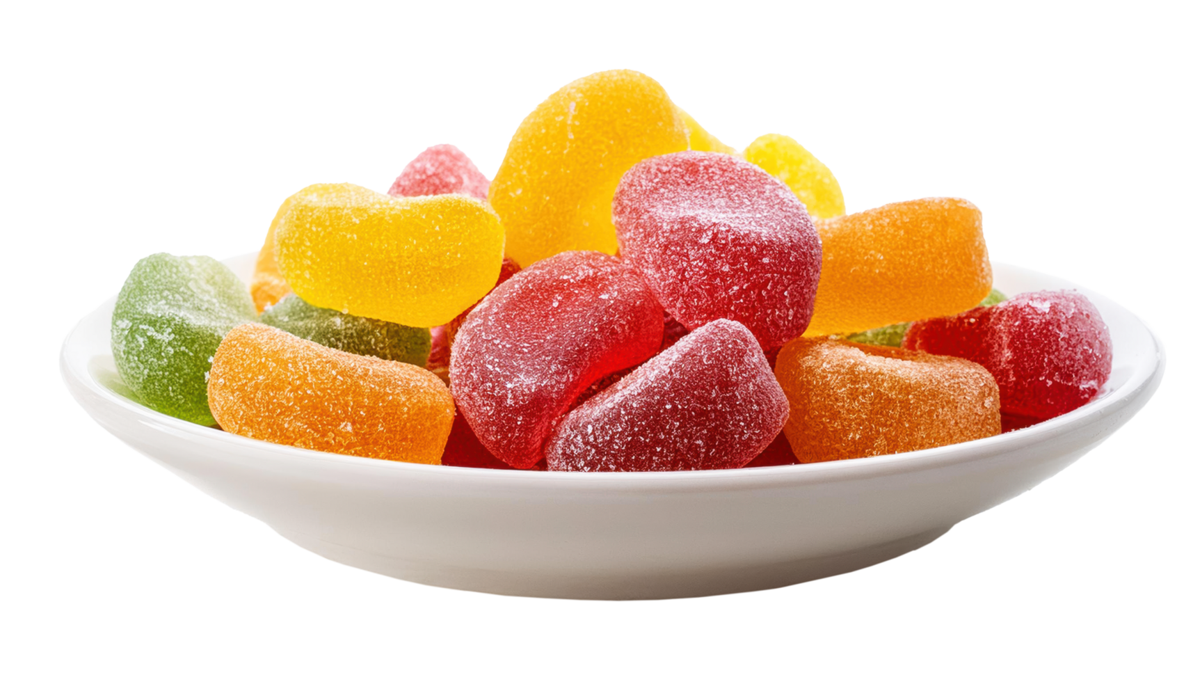 Colorful sweet sugar coated gelatin jelly gummy sweets in wooden bowl for clip art and element png