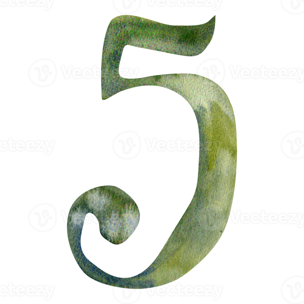 number five green new year color watercolor illustration. Hand drawn clip art for interior, school, newborn dating design. New year lunar calendar snake symbol of 2025 invitation, card png