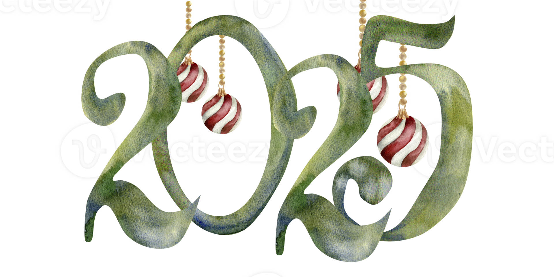 New year decoration, 2025 green numbers for lunar calendar snake symbol year with hanging balls watercolor illustration. Hand drawn isolated arrangement for packing ,poster, web design. png