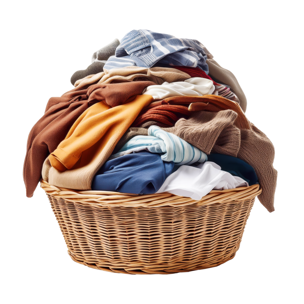 Pile of colorful clothes ready for laundry in rattan basket clip art and element png