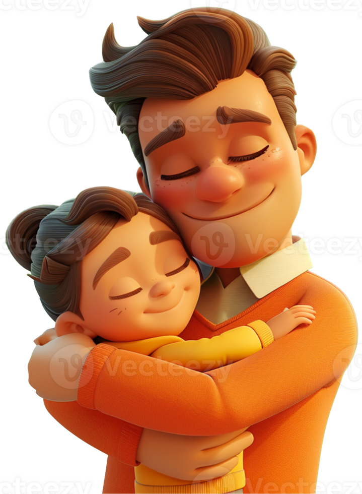 3D character icon of a father and child embracing tightly, their facial expressions radiating affection png