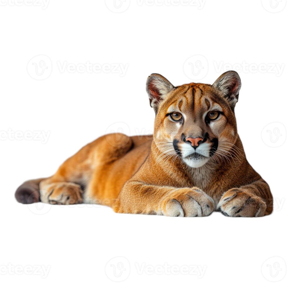 A cougar laying down on a white background photo