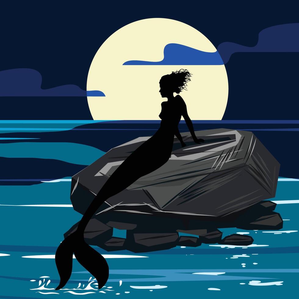 mermaid sit on the rock silhouette vector
