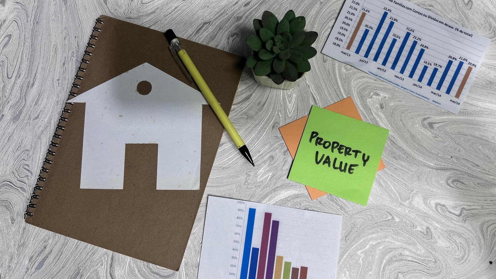 Concept of Property Value write on sticky notes isolated on Wooden Table. photo
