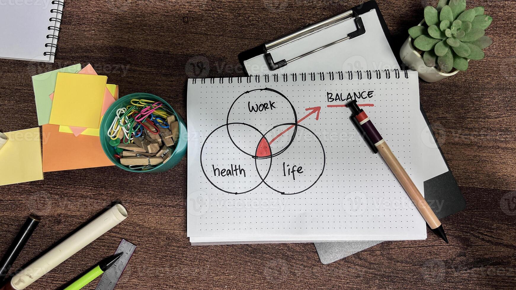 Concept of Work Life Balance and Health write on book isolated on Wooden Table. photo
