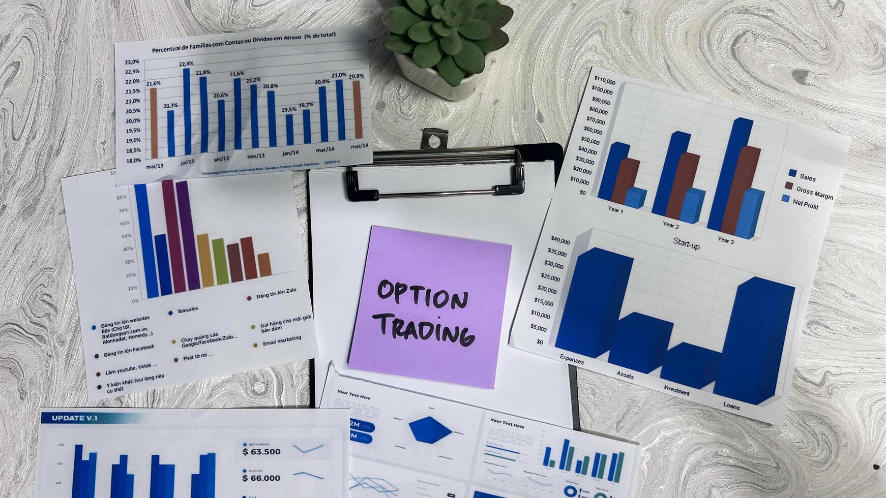 Concept of Option Trading write on sticky notes isolated on Wooden Table. photo