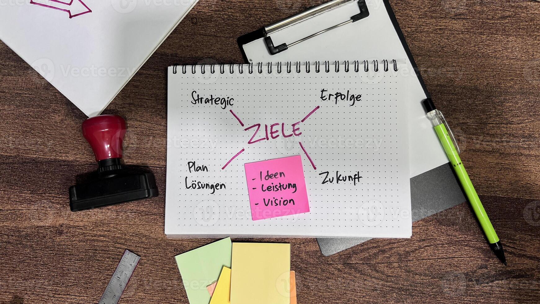Concept of Ziele on German Language write on book isolated on Wooden Table. German Language it means Goals photo