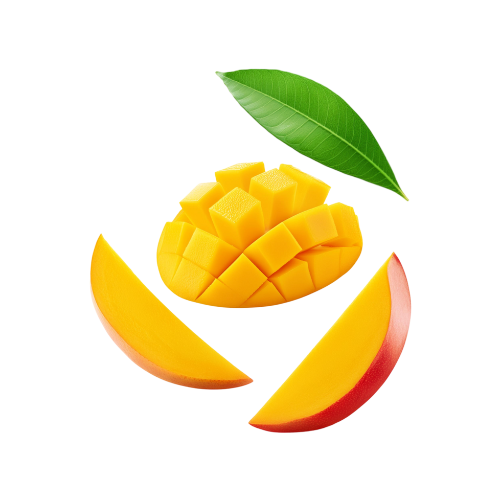Ripe mango slices with green leaf on transparent background png
