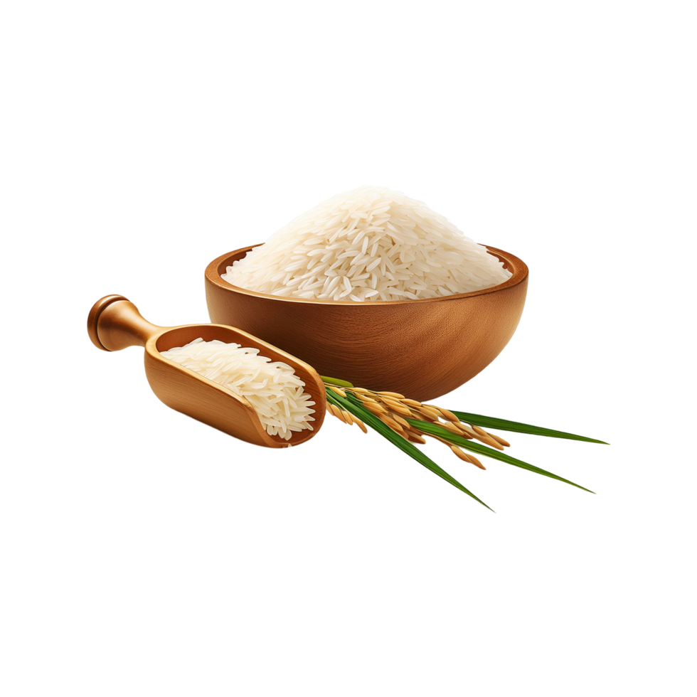 Wooden bowl of peeled rice with bunch of rice plant on transparent background png