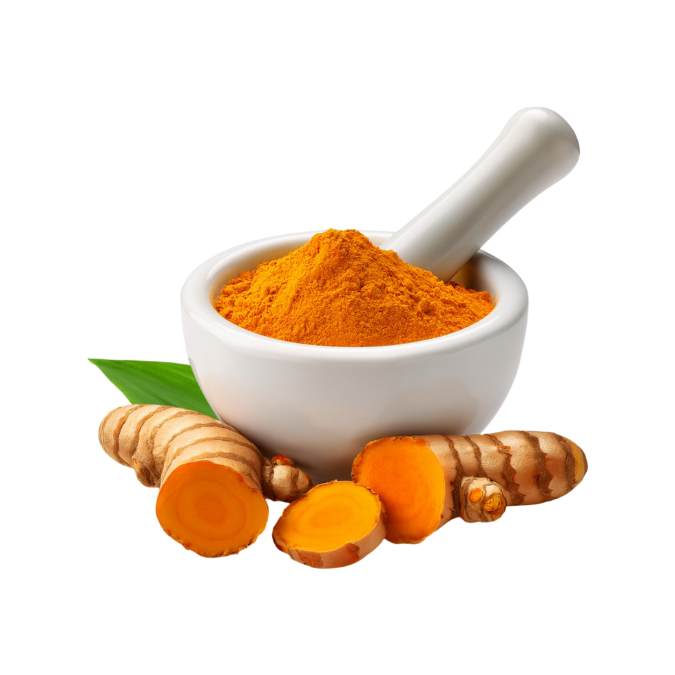 Turmeric powder with slice in white mortar and pestle on transparent background png