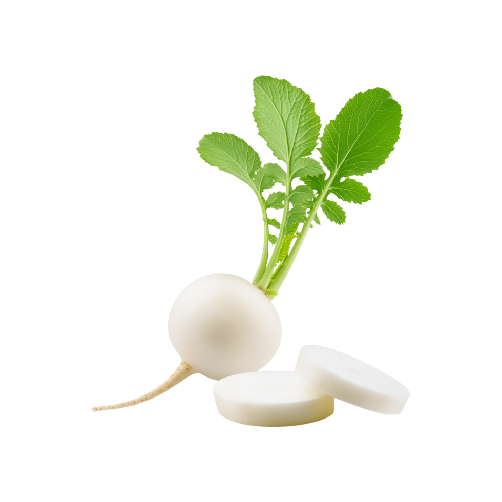 White radish vegetable with slices on transparent background png
