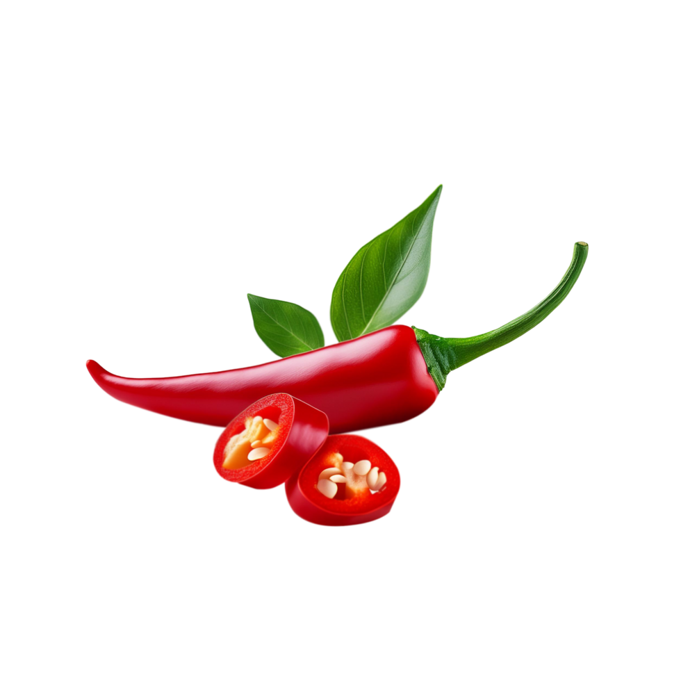 Red chili slices with green leaf on transparent background png