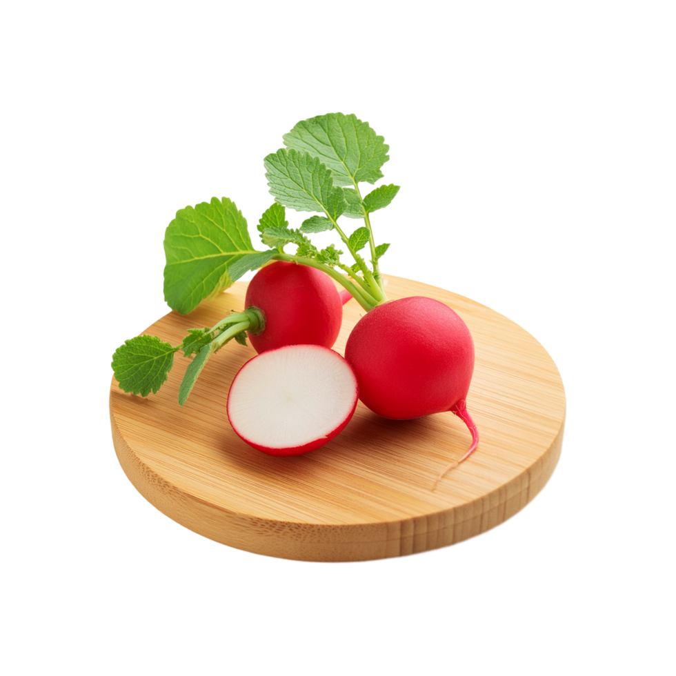 Red radish with slice in a wooden chopping board on transparent background png