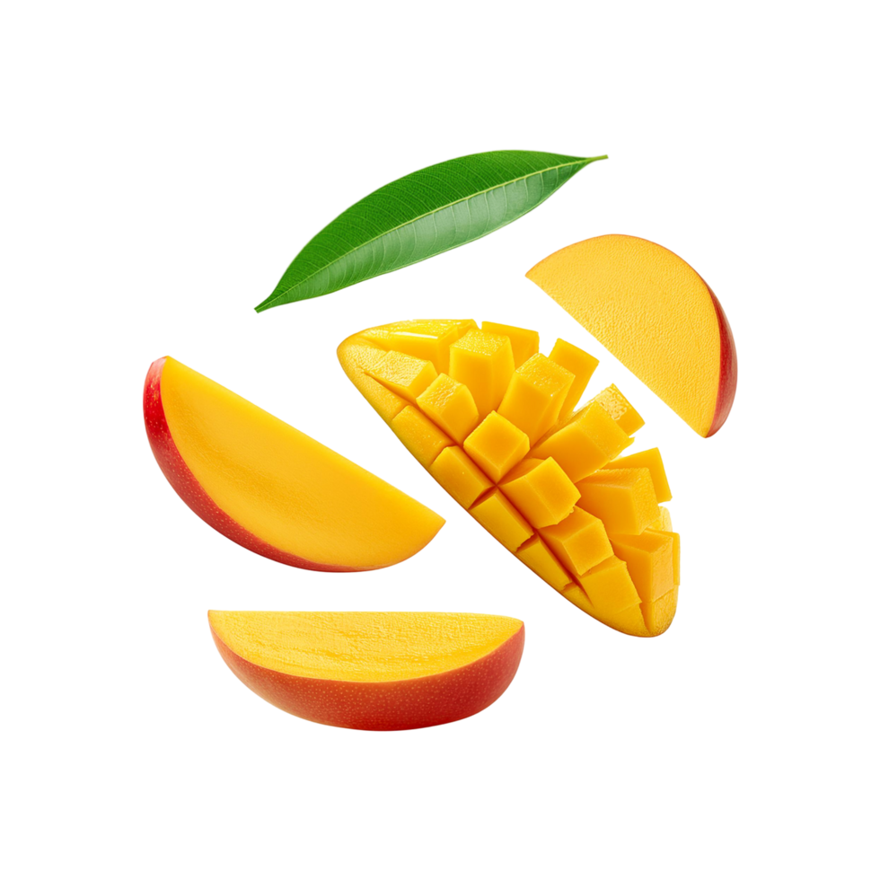 Falling ripe mango slices with leaf on transparent background png