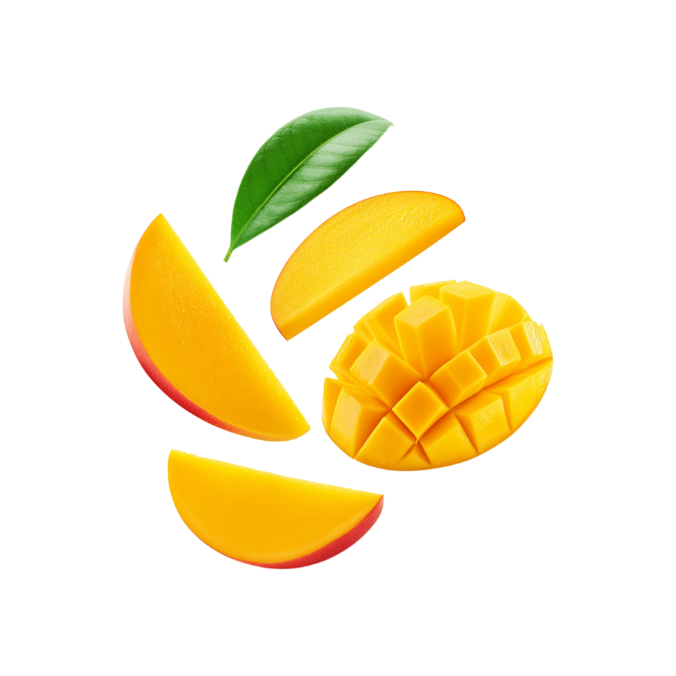 Falling ripe mango slices with green leaf on transparent background png