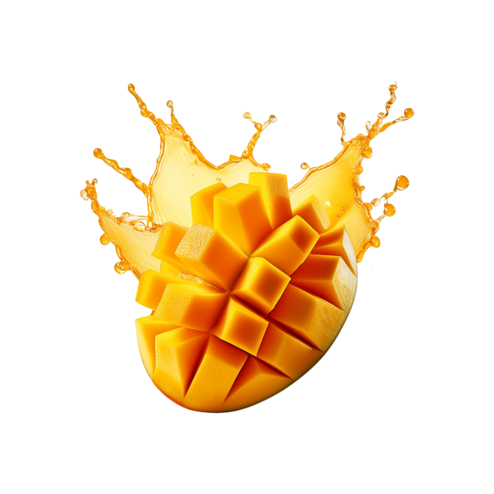 Mango slice with mango juice splash on transparent background png