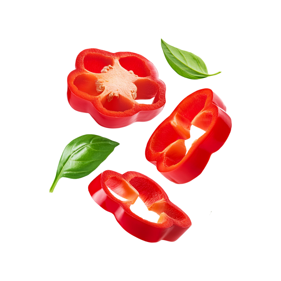 Sliced red bell pepper vegetable with green leaf on transparent background png