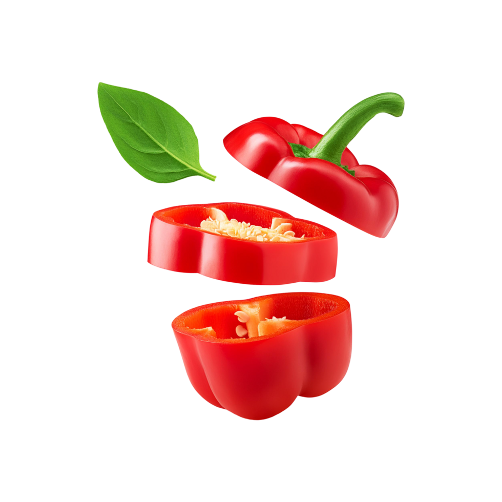 Sliced red bell pepper with green leaf on transparent background png