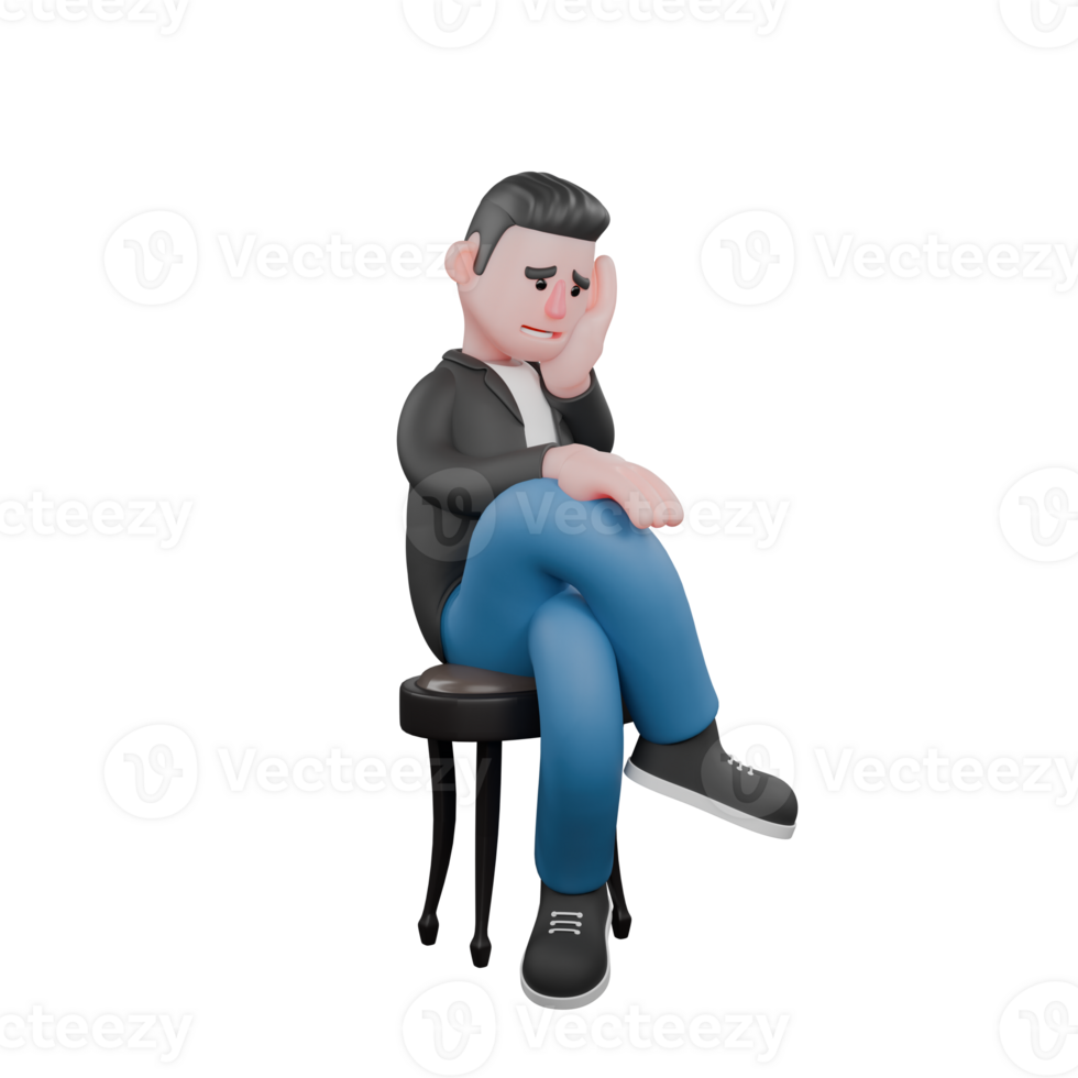 3D Music Star Character. A male musician sits with his hands on his face with a stressed expression. Singing Performer png