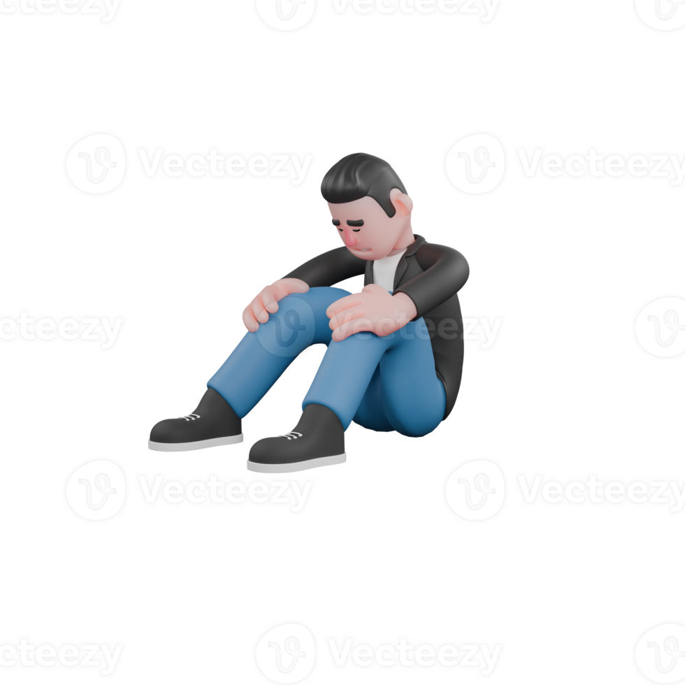 3D Musician Character. A male musician sits with his hands on his knees, his head bowed and an exhausted expression Animated Music Performer png