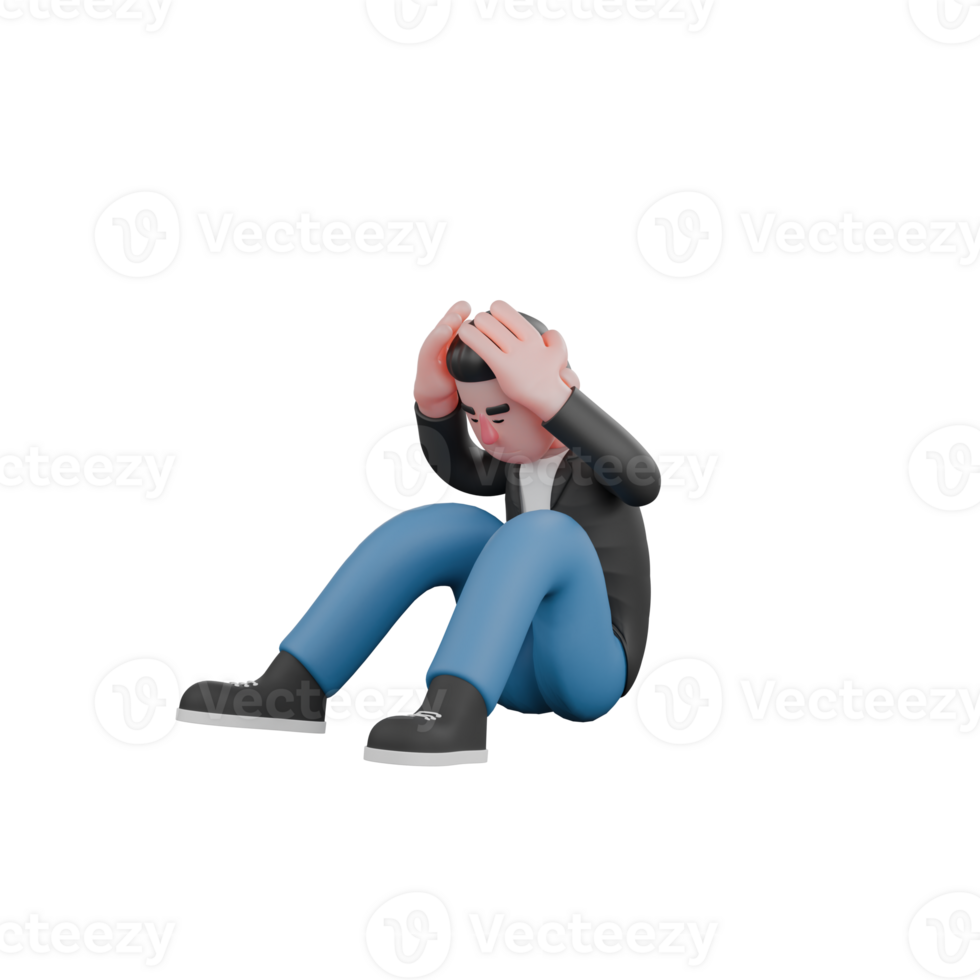 3D Animated Music Character. A male musician sits on the floor with his hands on his head. Cartoon Performer png