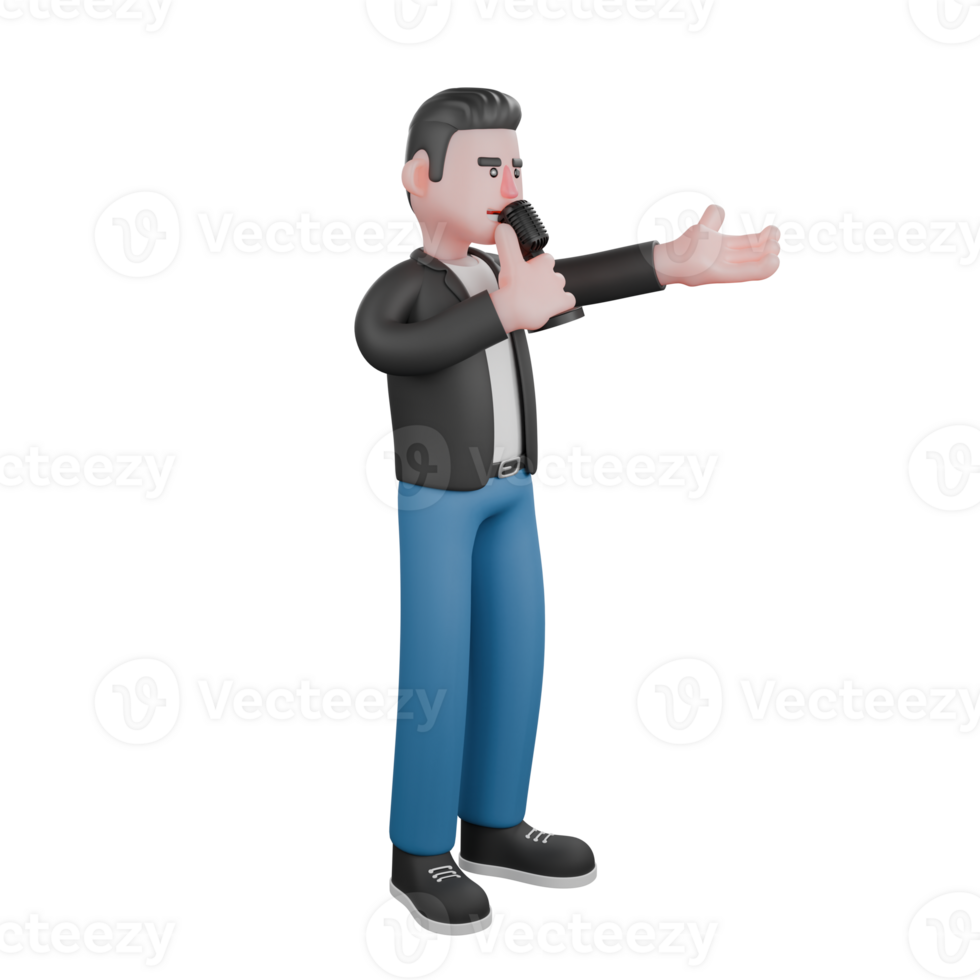 3D Singing Performer Model. A male musician stands doing a singing gesture with a happy expression. Cartoon Artist png