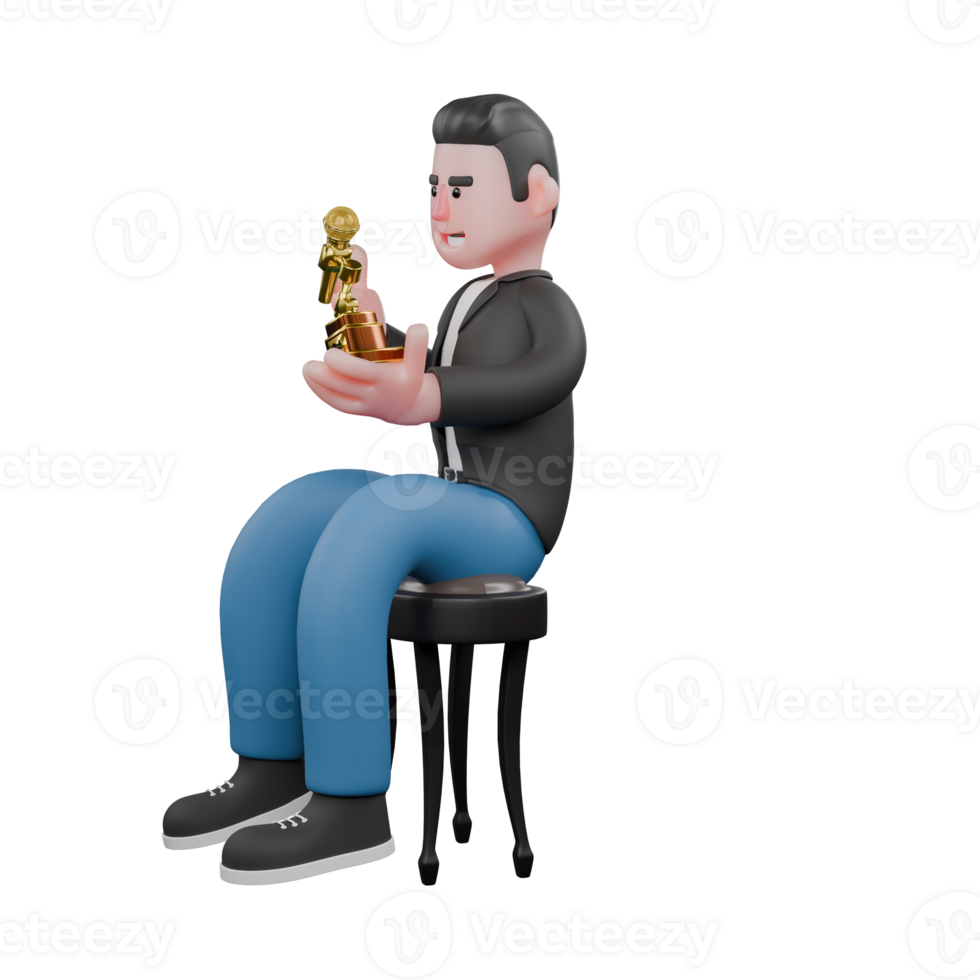 Animated 3D Music Character.a musician sits on chair holding trophy in front of chest with happy expression. Performer Design png