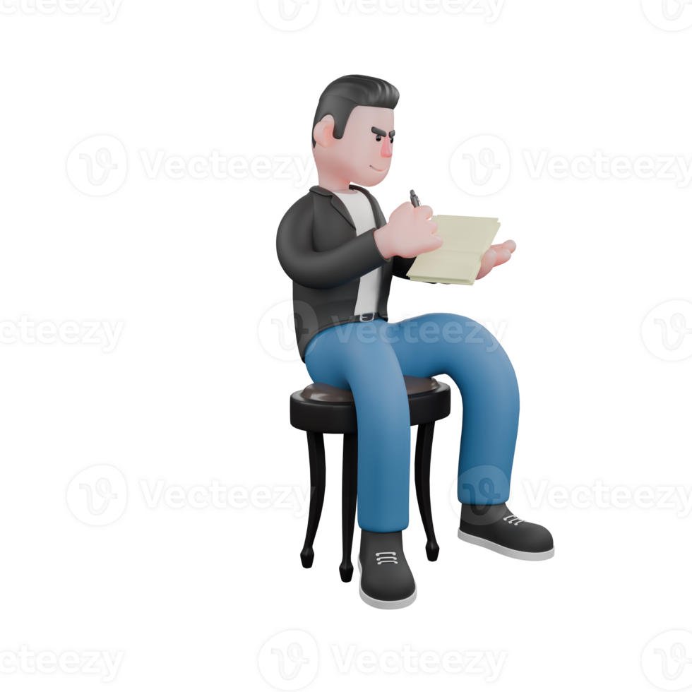 Illustrated 3D Musician. a musician sits on a chair with a notebook in his hand, writing while thinking with a serious expression. Cartoon Performer png