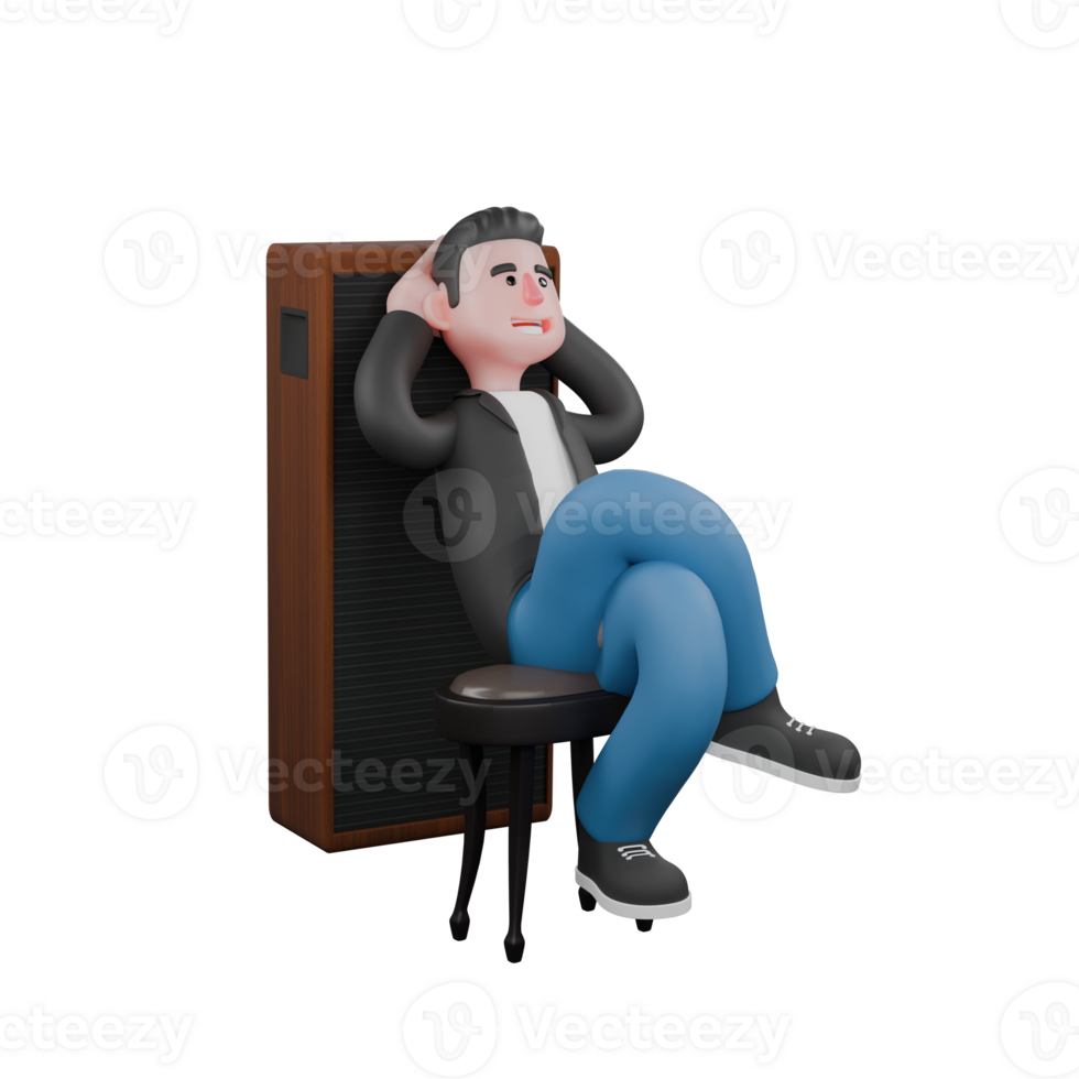 Musician Cartoon in 3D. a musician sits on a chair leaning on the speaker, both hands behind his head with a happy expression. Creative Artist Illustration png