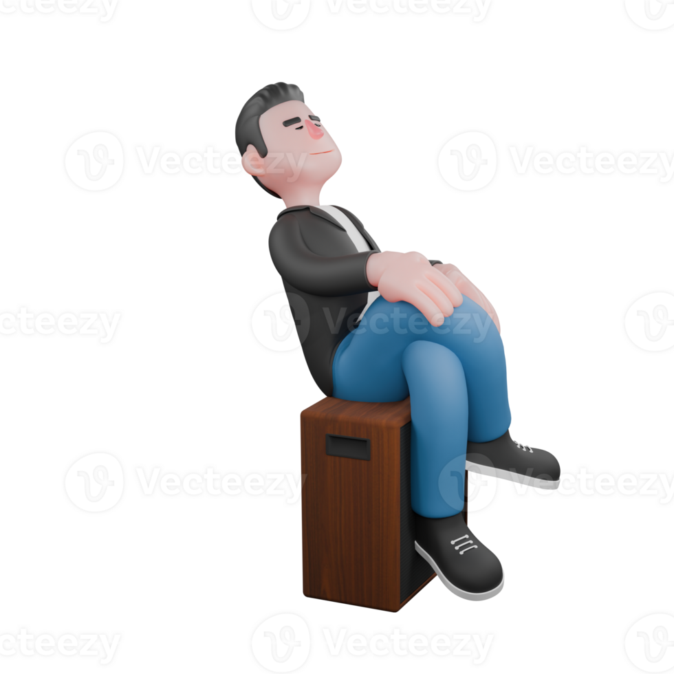 3D Character of Cartoon Music Artist. a musician sits on a speaker with a calm expression. Singing Performer png