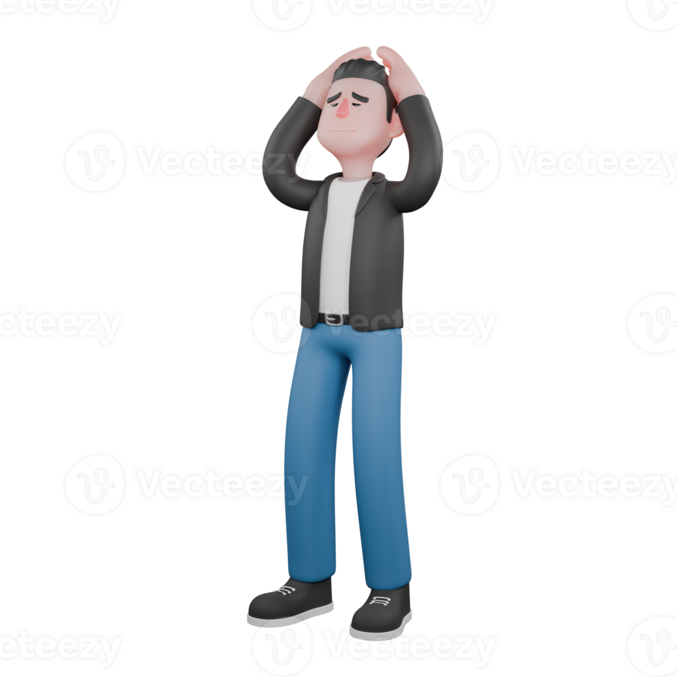 3D Cartoon Musician Design. a musician stands, hands holding his head with a tired expression. Vocal Talent png