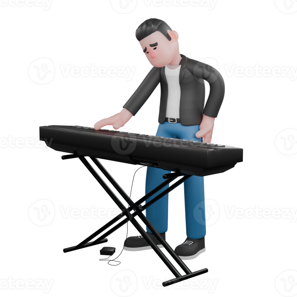 3D Music Performer Design. a musician stands behind an organ with his right hand holding the organ and his left hand on his waist with a tired expression. Cartoon Character png