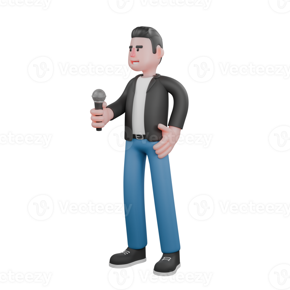 Cartoon Music Artist in 3D. a musician stands holding a microphone in his right hand and his left hand on his waist with a happy expression. Performance Character png