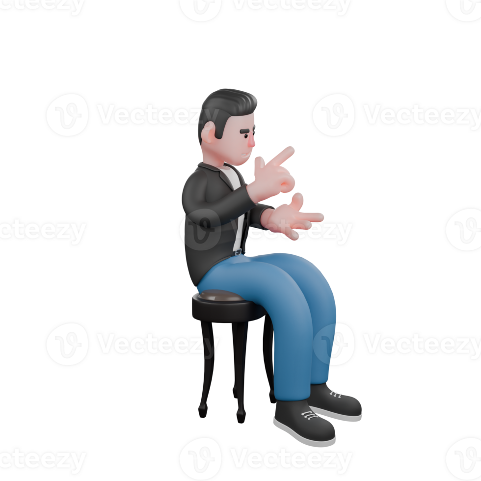 3D Illustrated Musician Model. a musician sits on a chair with a gesture of counting with a calm expression. Vocal Performer png