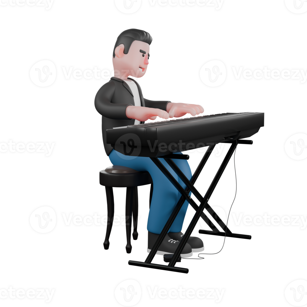Illustrated 3D Music Character. a musician sits on chair with both hands playing organ. Entertainment Design png
