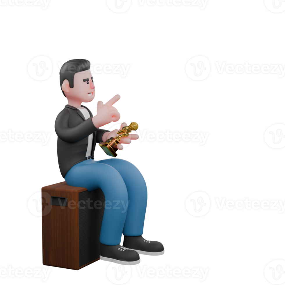 Cartoon Music Performer Character. A male musician sits at the speaker holding a trophy in his left hand and his right hand pointing up with a happy expression. 3D Vocalist png