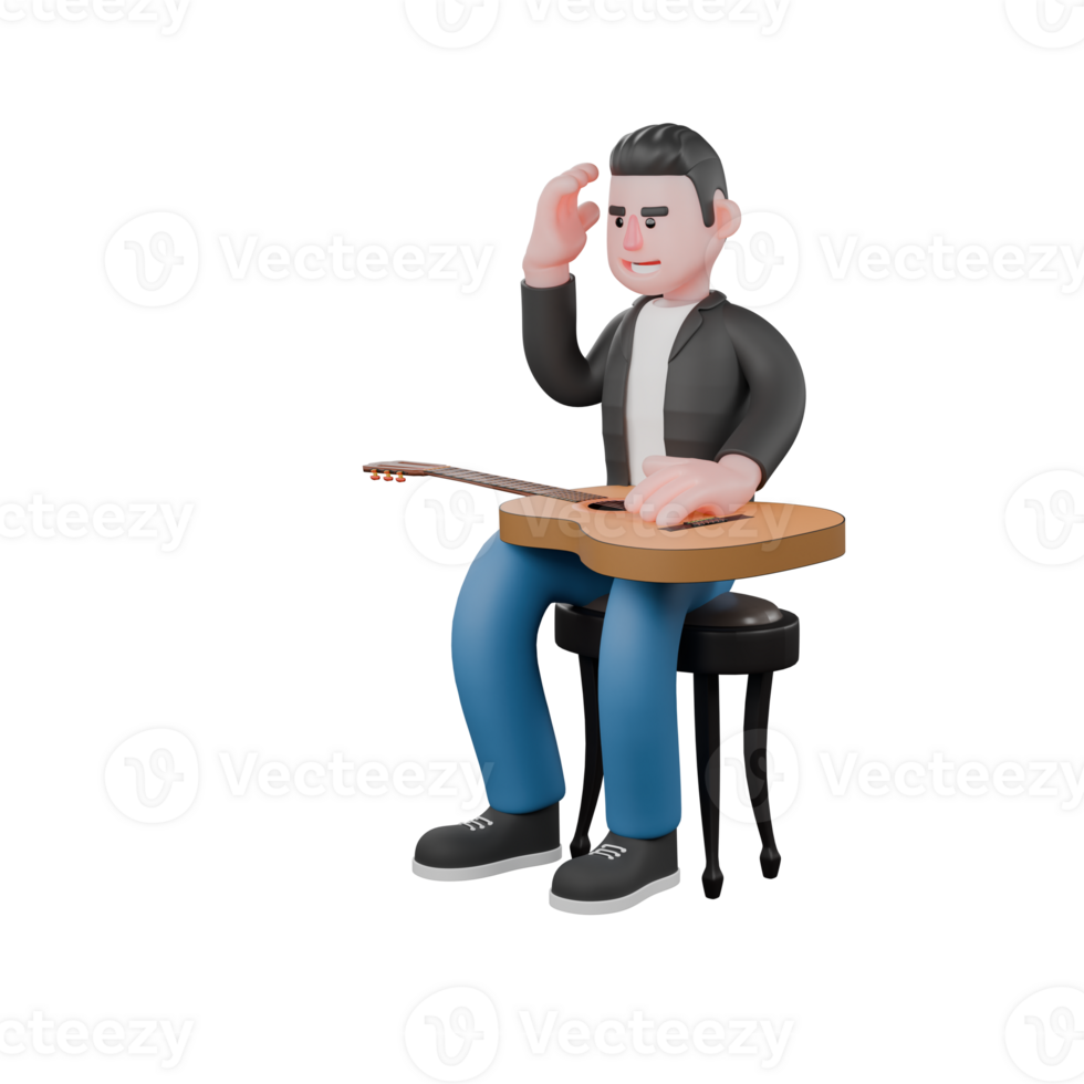 Cartoon Musician in 3D. a musician sits on chair holding guitar with left hand and right hand holding head with happy expression. Vocal Artist Model png