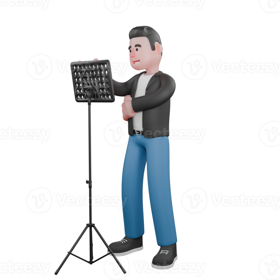 3D Character of Cartoon Music Star. A male musician stands in front of the lyric stand and his hands are in front of his stomach with a happy expression. Vocal Talent png