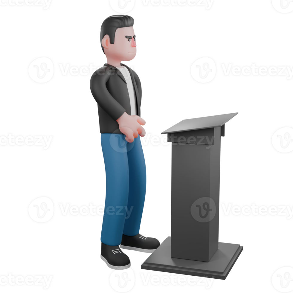 Animated 3D Vocal Character. a musician stands behind a podium with a serious expression. Performer png