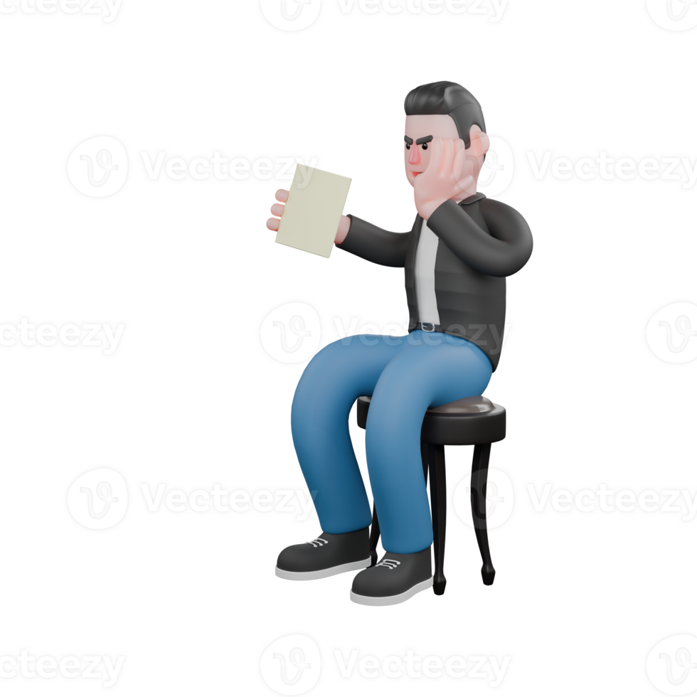 Cartoon Musician in 3D Design. A male musician sits on a chair holding a paper in his right hand and his left hand on his face. Vocal Artist png