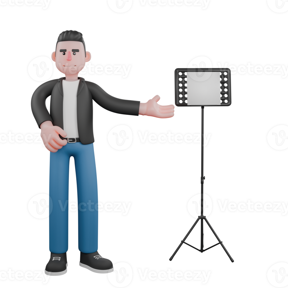 3D Cartoon Music Performer. a musician stands beside the lighting and his hands on his waist with a calm expression. Animated Artist png