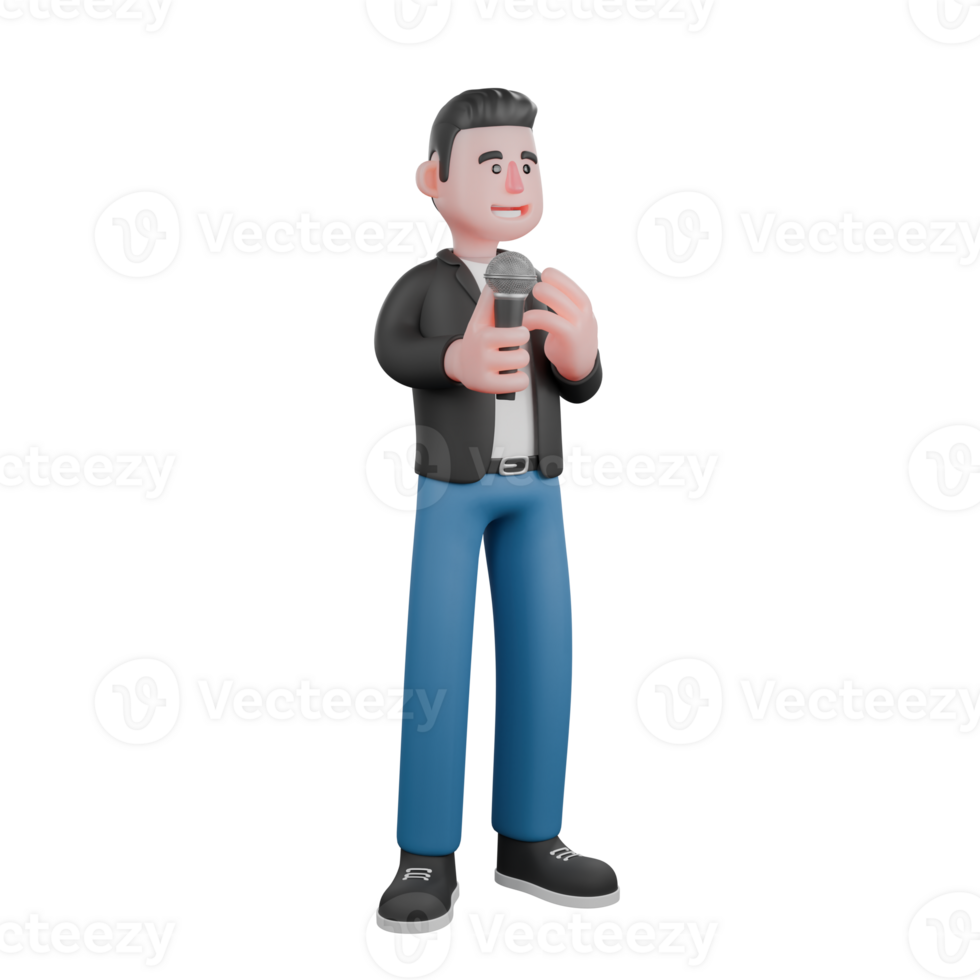 Cartoon Singer in 3D A male musician stands holding a microphone beside his body with an excited expression.Vocal Artist Design png