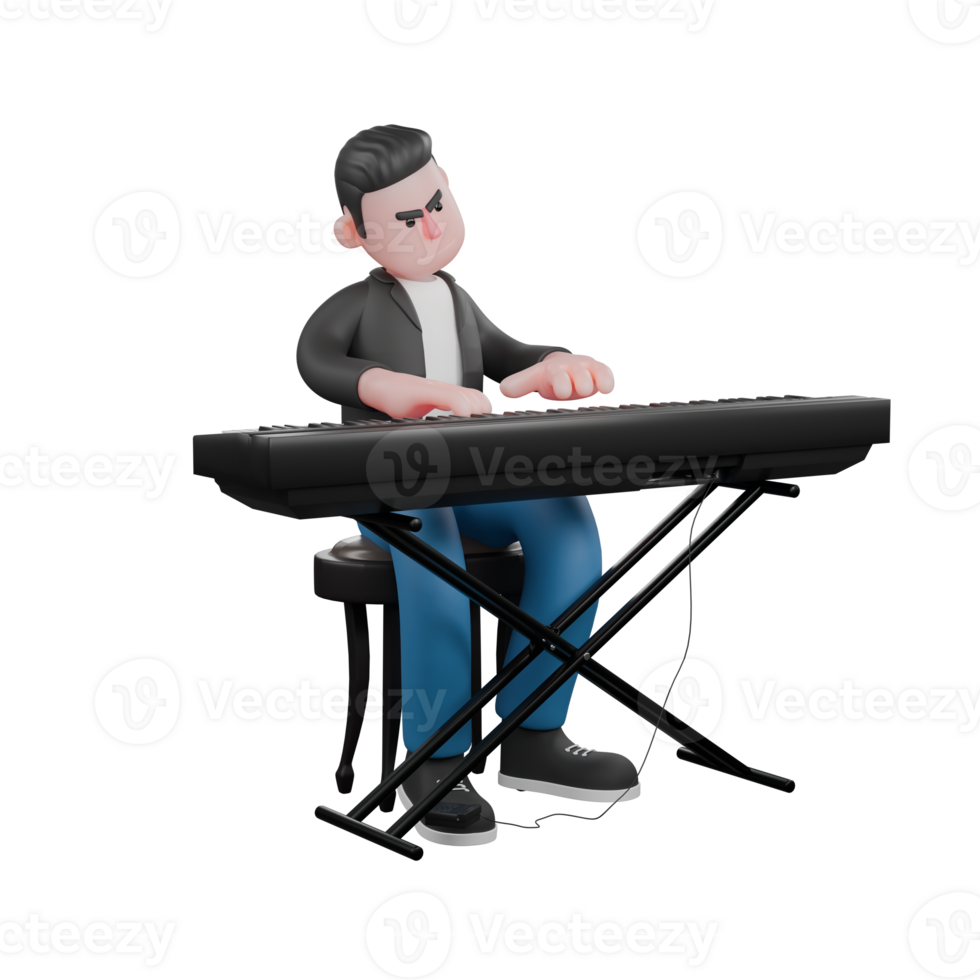 3D Character of Music Artist. A male musician sits behind the organ playing the organ. Vocal Performer png