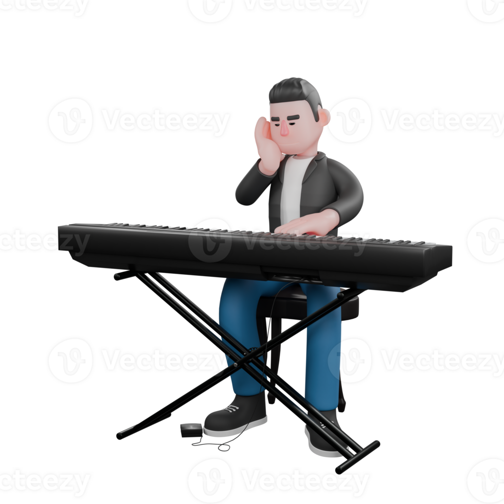 Cartoon Music Star Character. a musician sits behind an organ with his hands holding his face with a tired expression. 3D Vocalist png