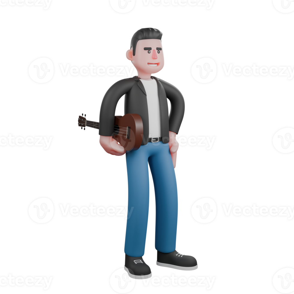 Musician Character in 3D. a musician stands carrying a guitar in his right hand and his left hand on his waist with a happy expression. Cartoon Design png