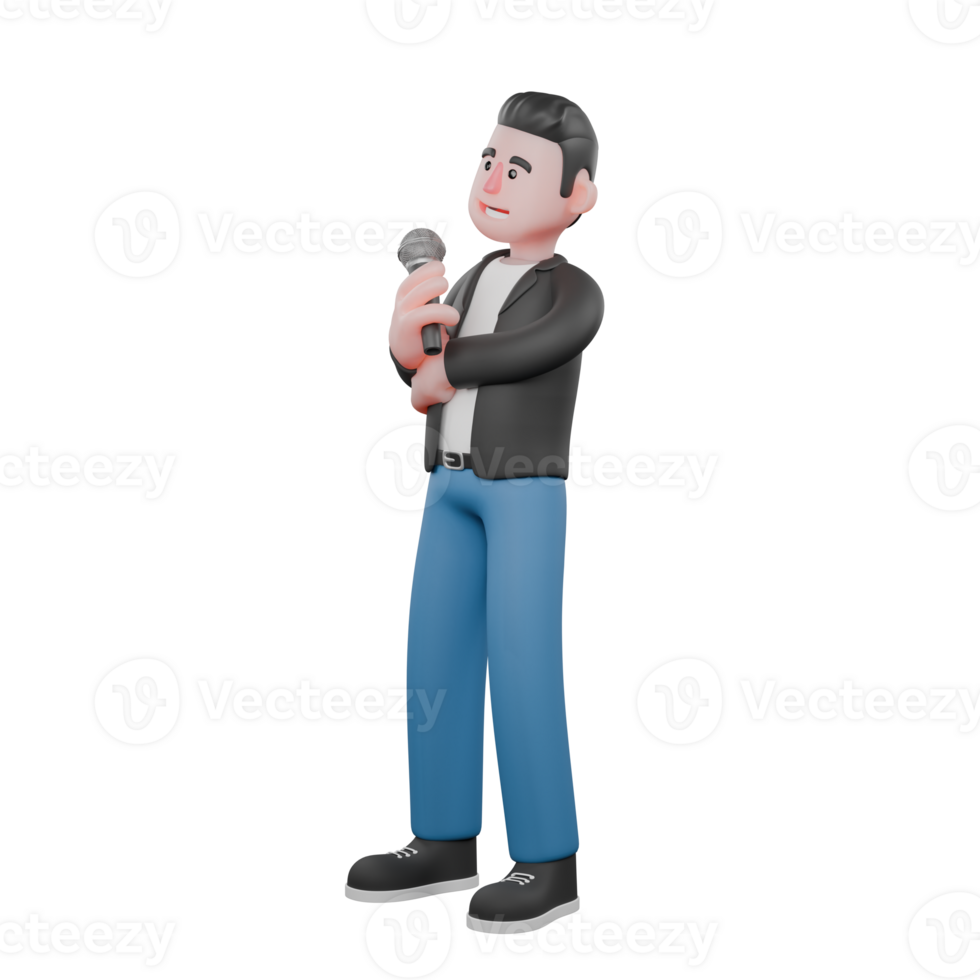3D Music Performer Model. A male musician stands holding a microphone in front of his body with a happy expression. Cartoon Singing Star png