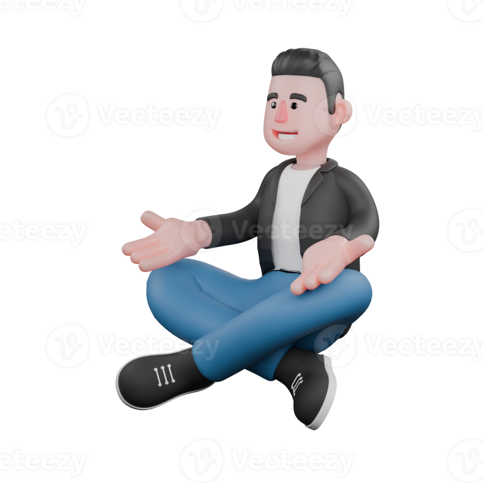 3D Illustrated Musician. a musician sits cross-legged with his hands on his knees with a calm expression. Music Star Character png