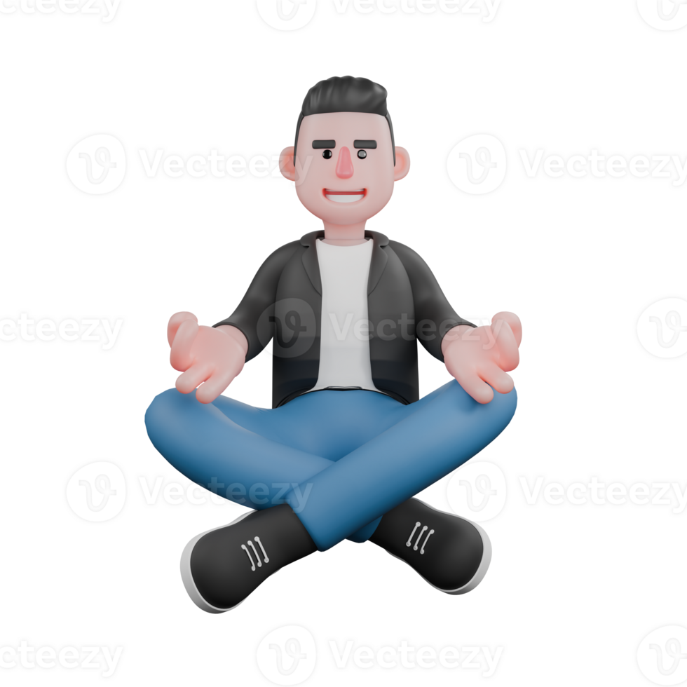 Musician Character Design in 3D. a musician sits cross-legged with his hands on his knees with a happy expression. Cartoon Style png